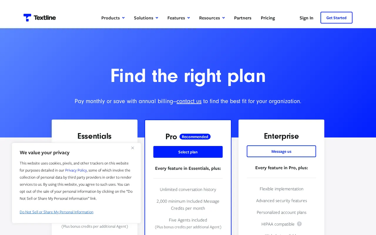 Textline — pricing page