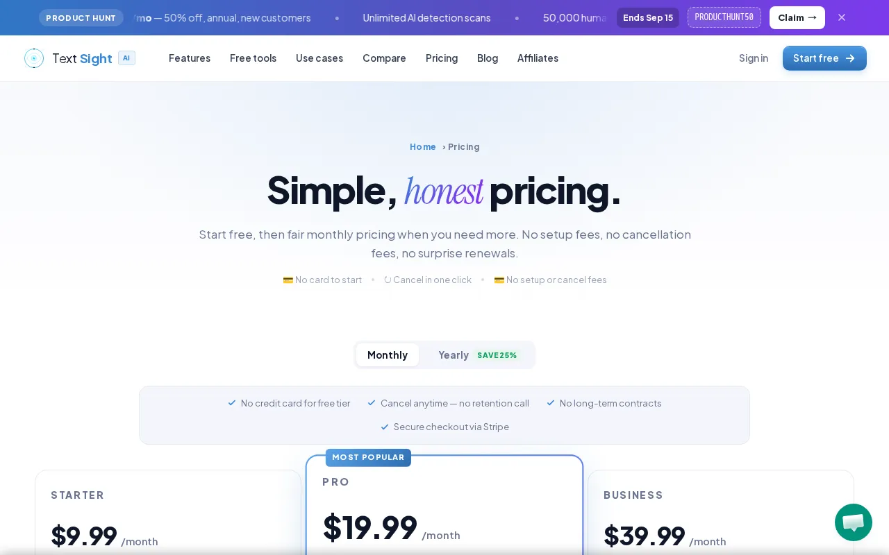 TextSight.ai — pricing page