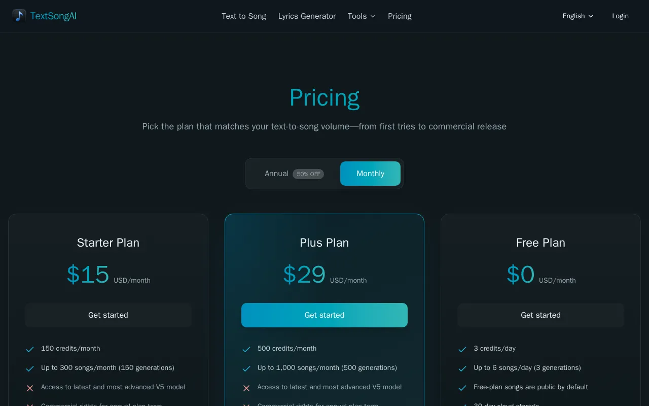 TextSongAI.com — pricing page