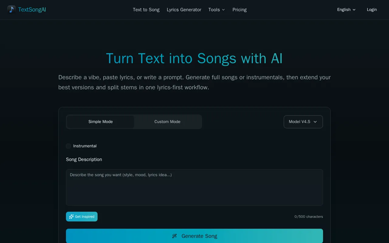 TextSongAI.com — preview screenshot