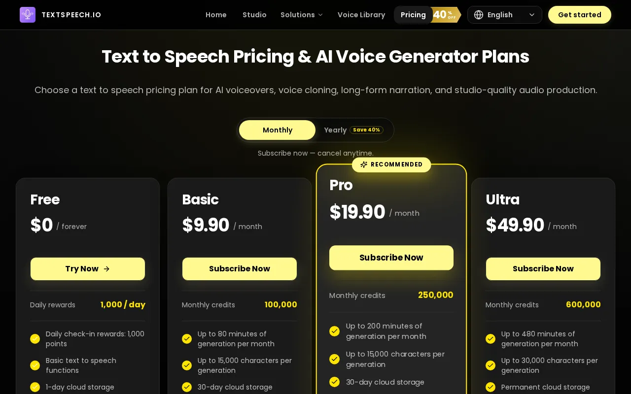 TextSpeech.IO — pricing page
