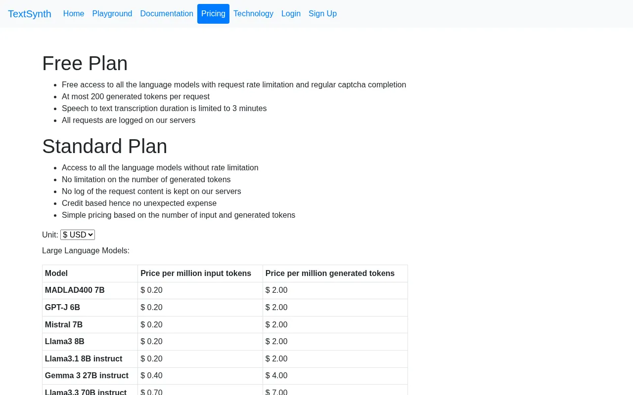 TextSynth — pricing page