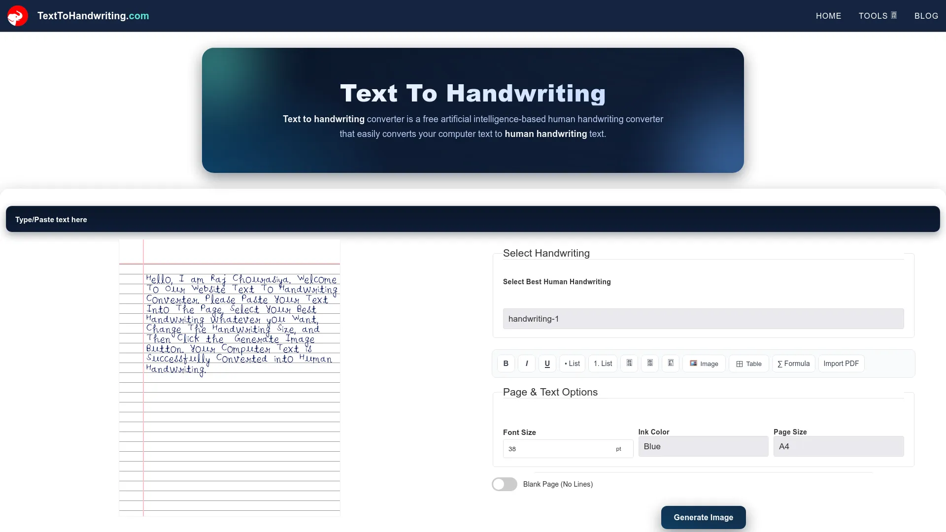 TextToHandwriting.com — preview screenshot