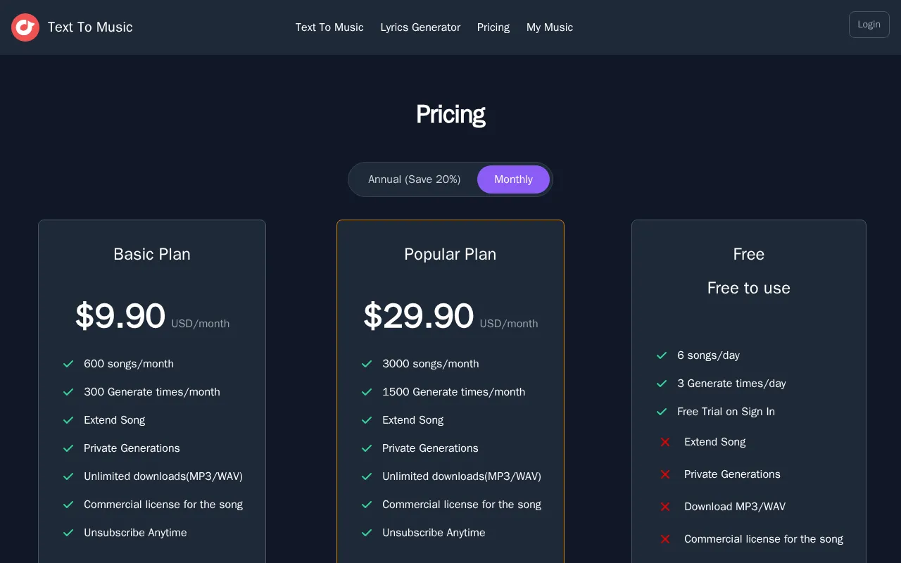 texttomusic.org — pricing page