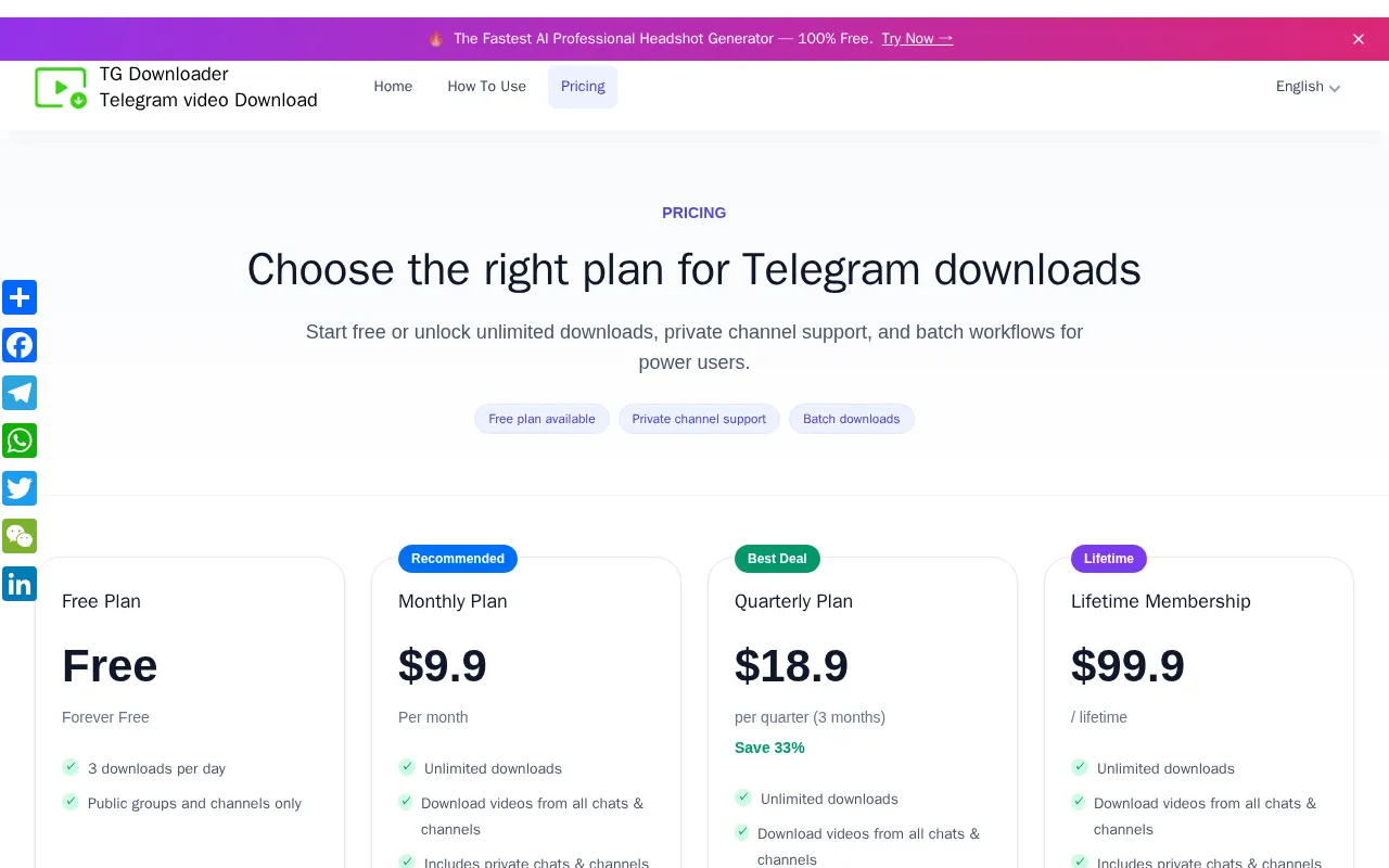 TG Downloader — pricing page