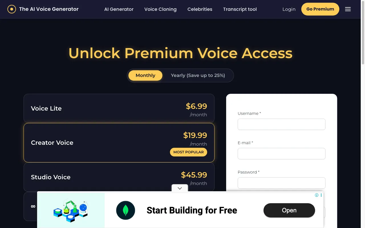 The AI Voice Generator — pricing page