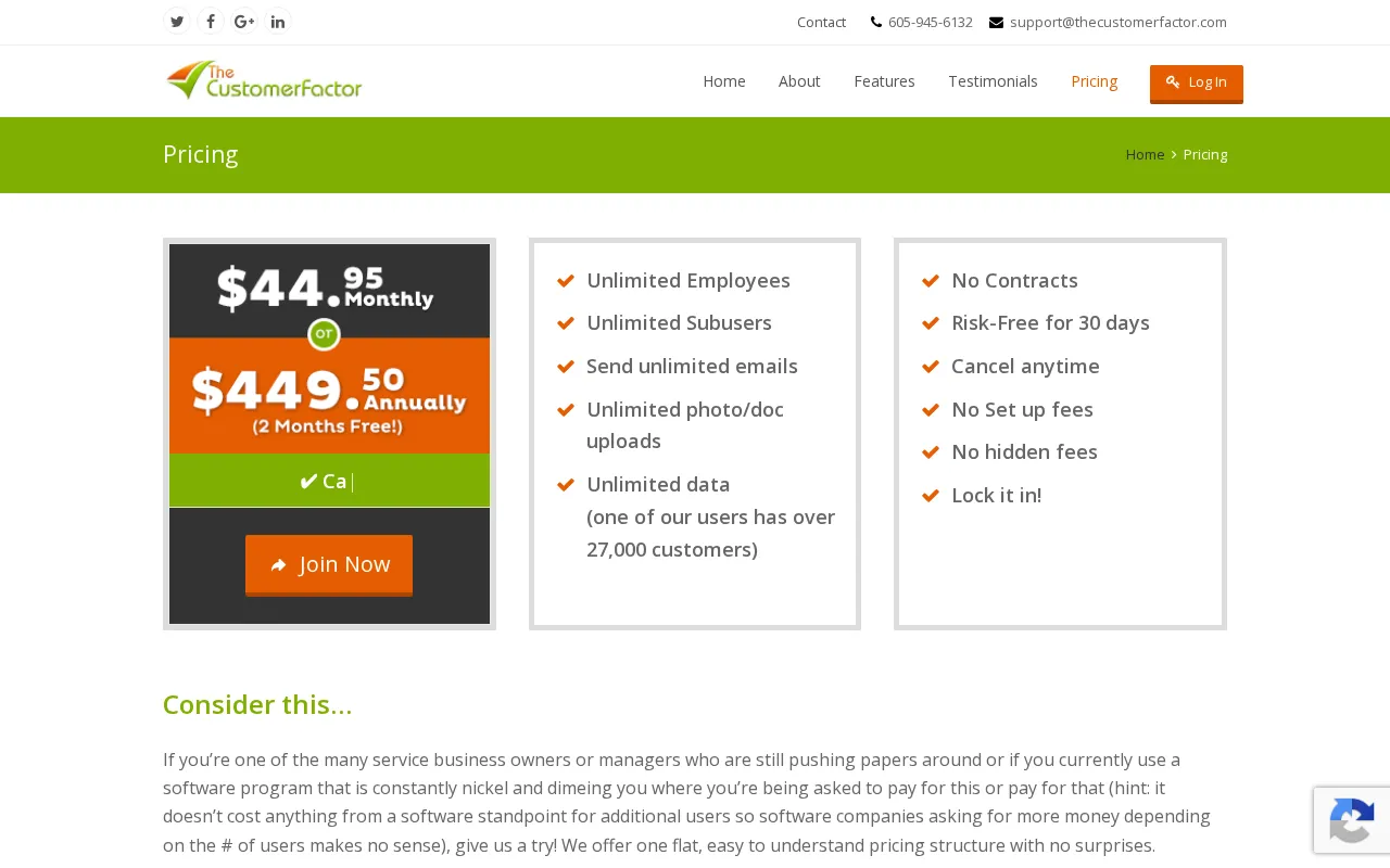 The Customer Factor — pricing page