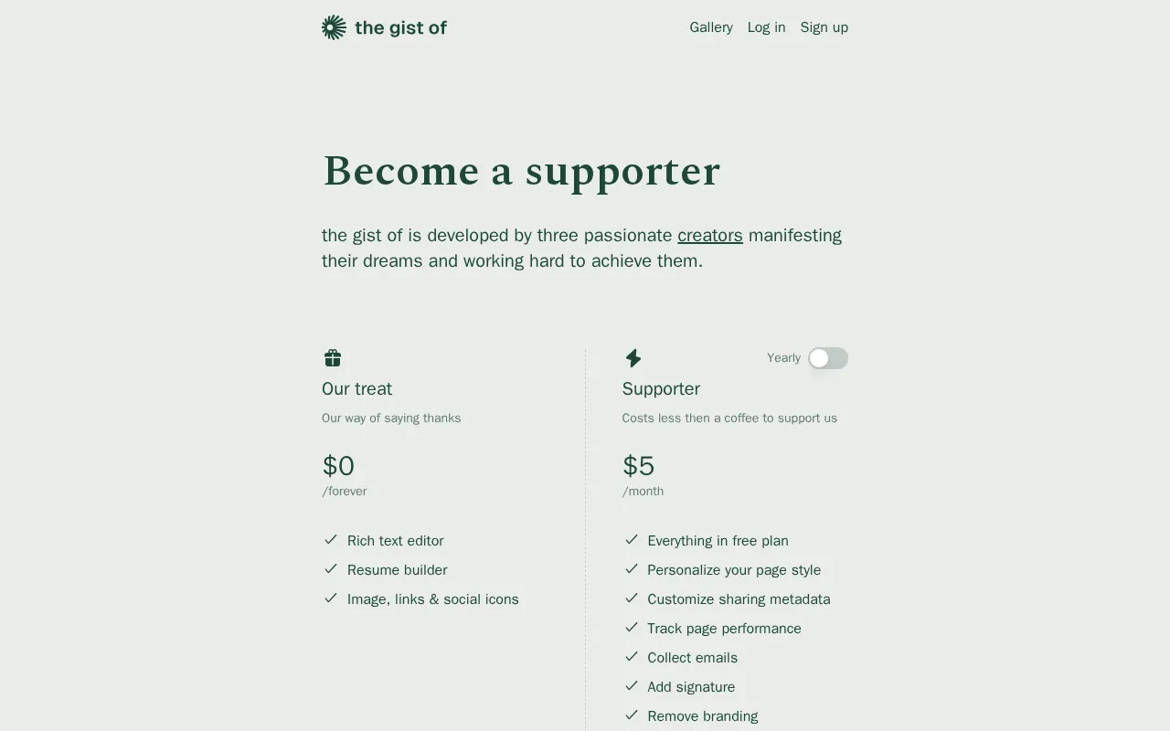 the gist of — pricing page