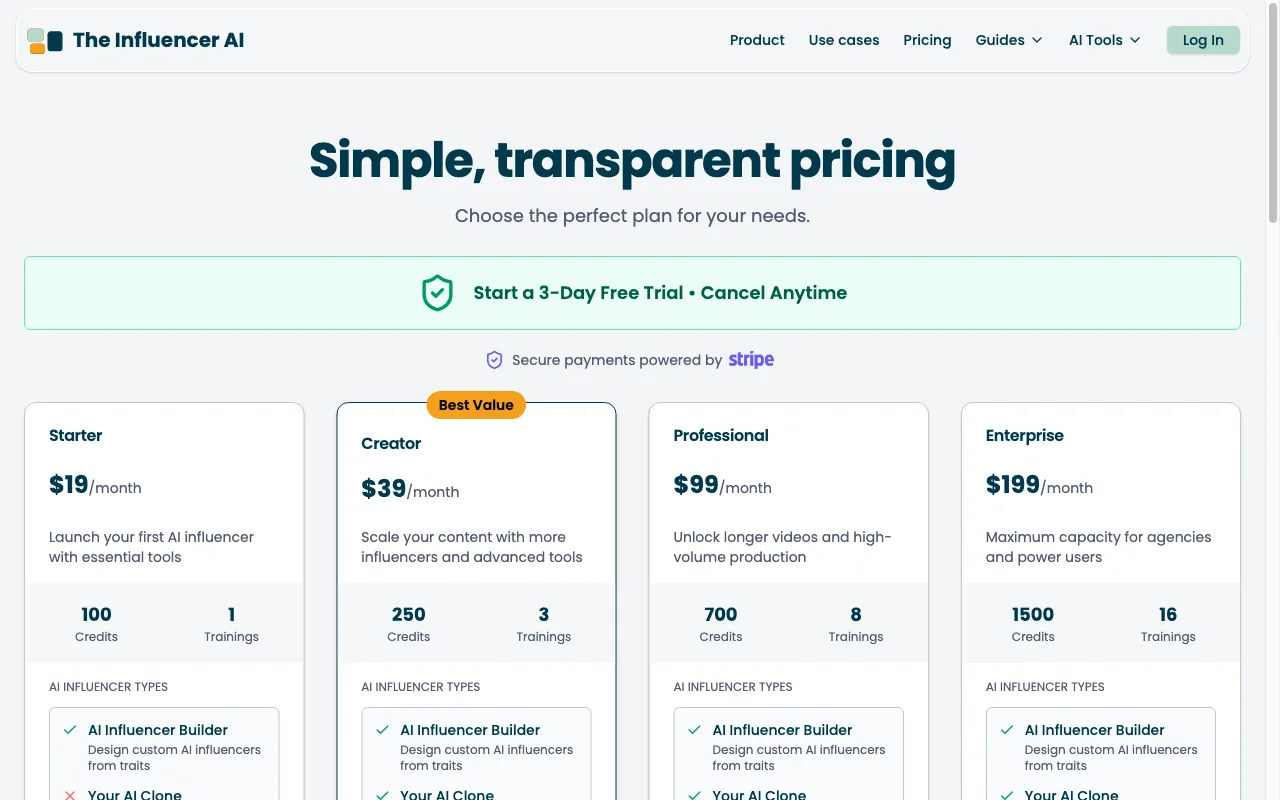 The Influencer AI — pricing page