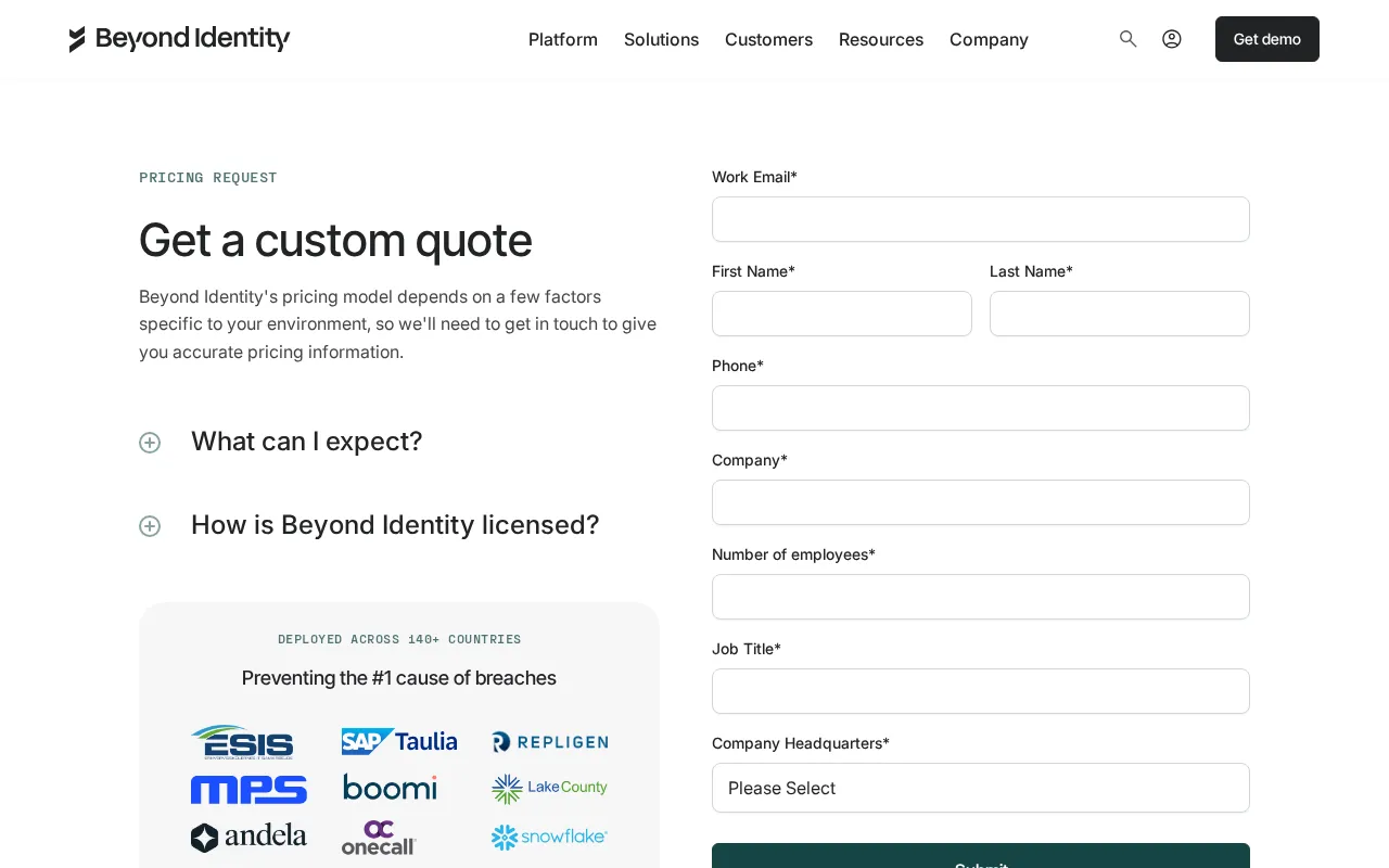 Beyond Identity — pricing page