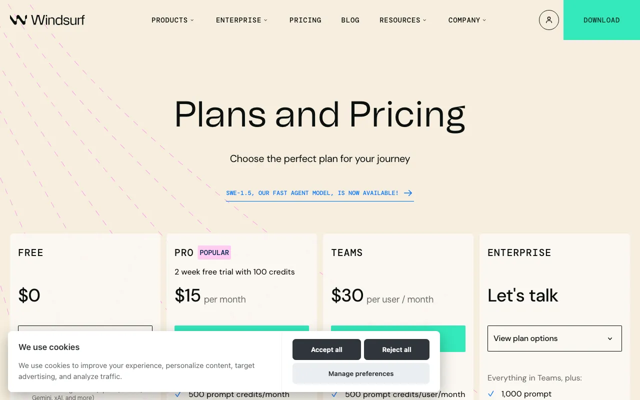 The Windsurf Editor — pricing page