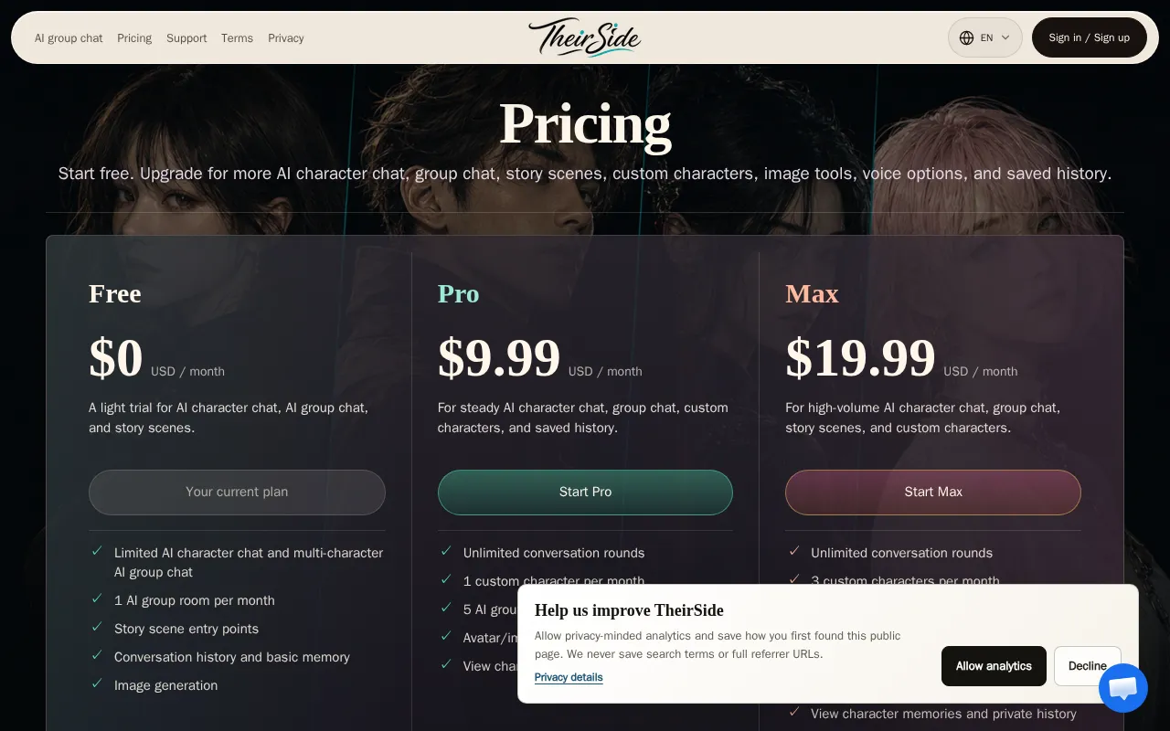 TheirSide — pricing page