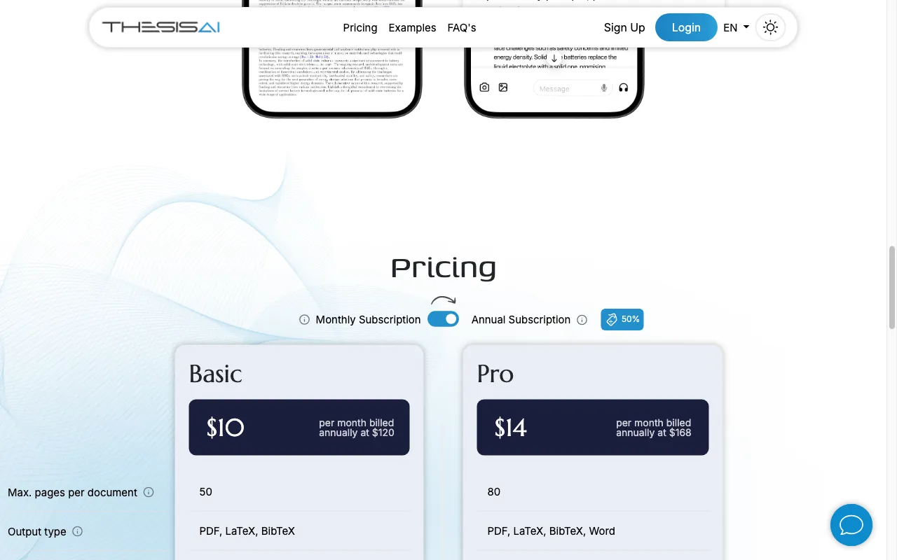 ThesisAI — pricing page