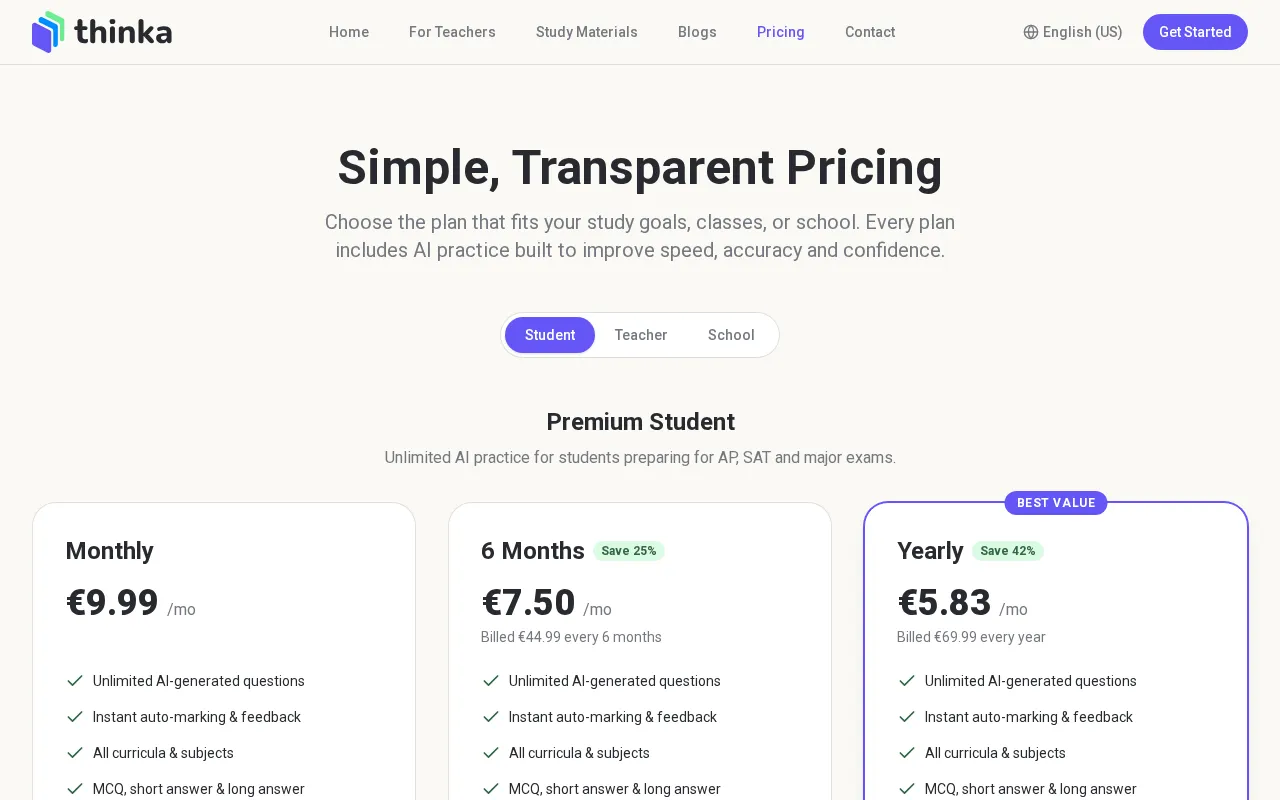 Thinka — pricing page