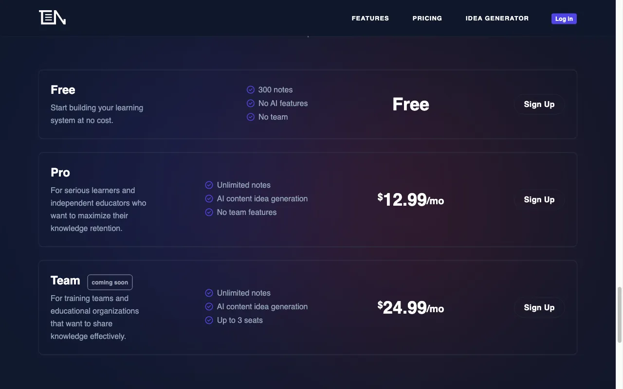 ThinkerNotes — pricing page