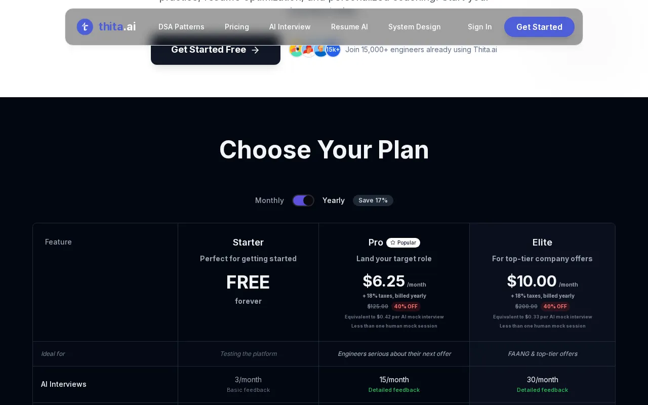 Thita.ai — pricing page