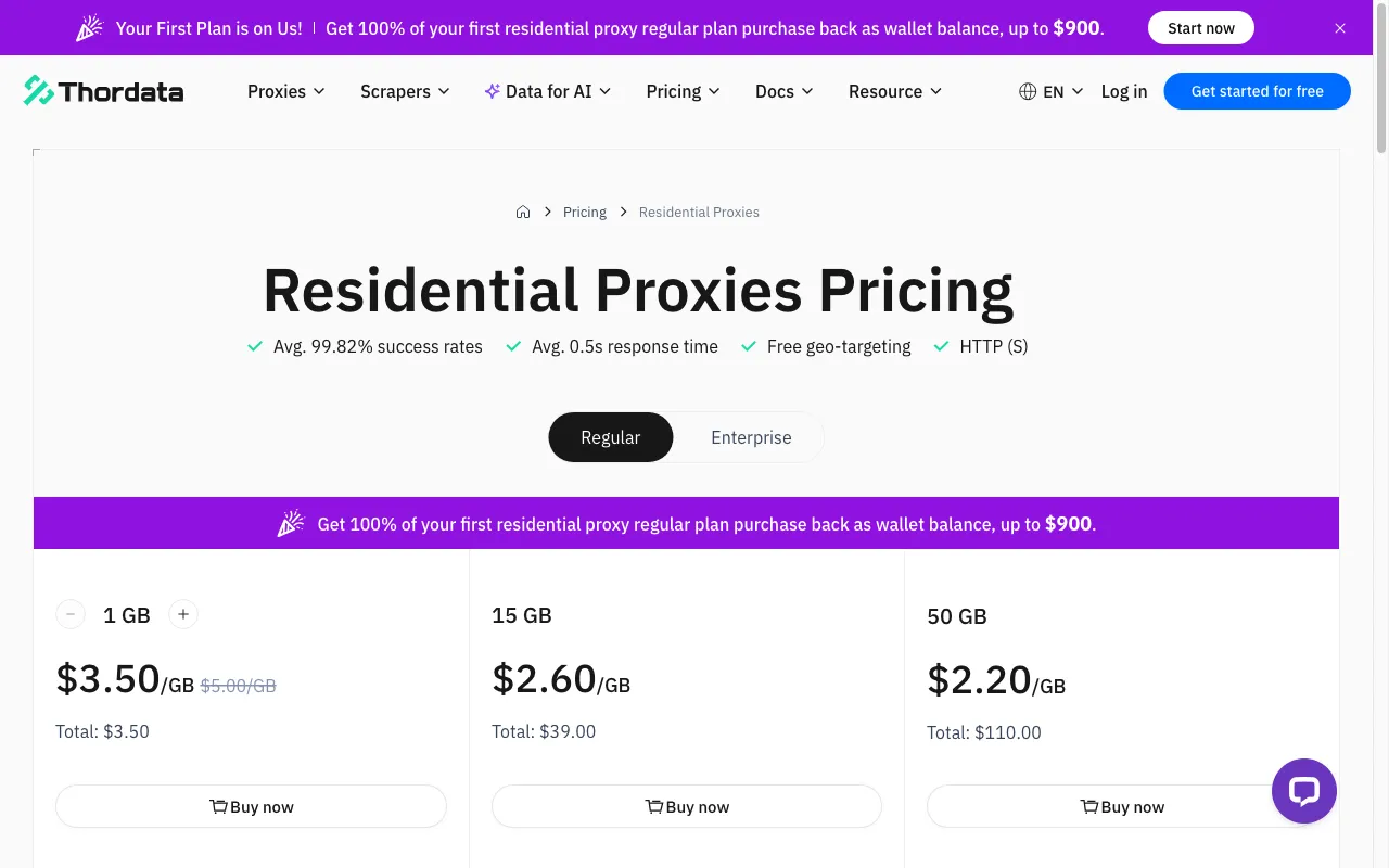 Thor Data — pricing page