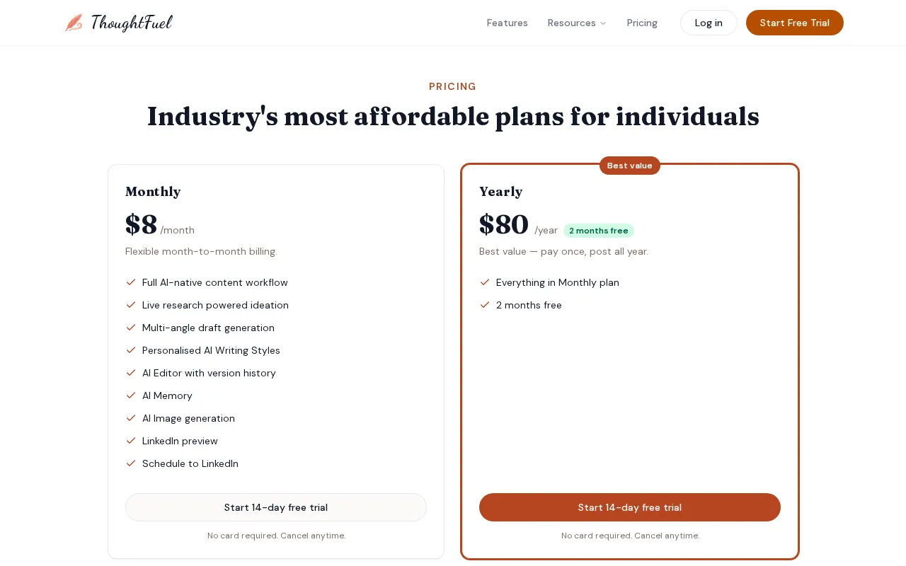 ThoughtFuel — pricing page