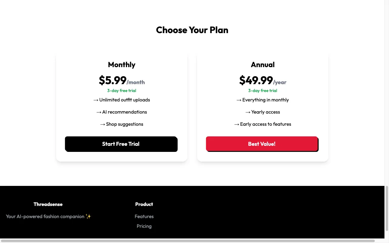 Threadsense — pricing page