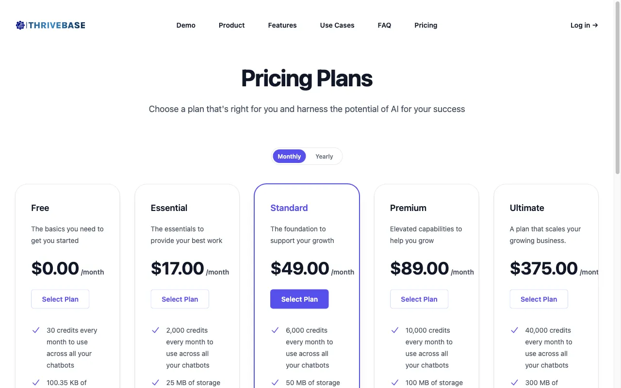 Thrivebase — pricing page