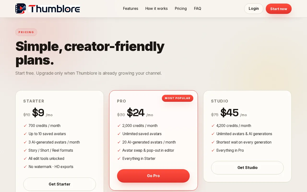 Thumblore — pricing page