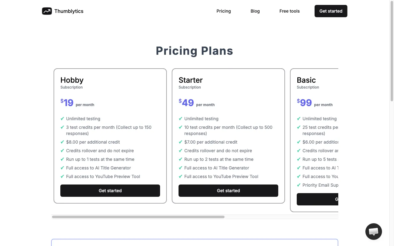 Thumblytics — pricing page