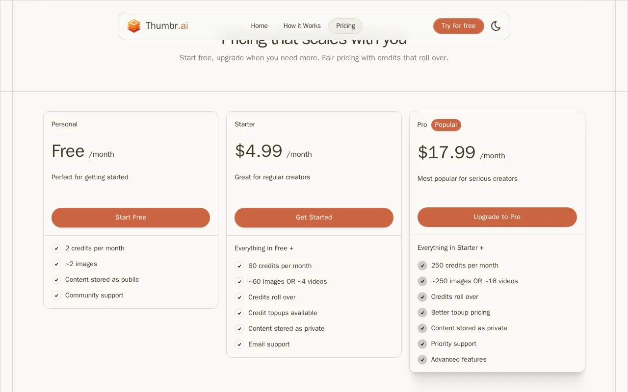 Thumbr.ai — pricing page