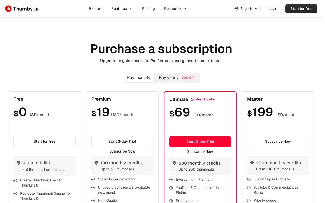 Thumbs.ai — pricing page