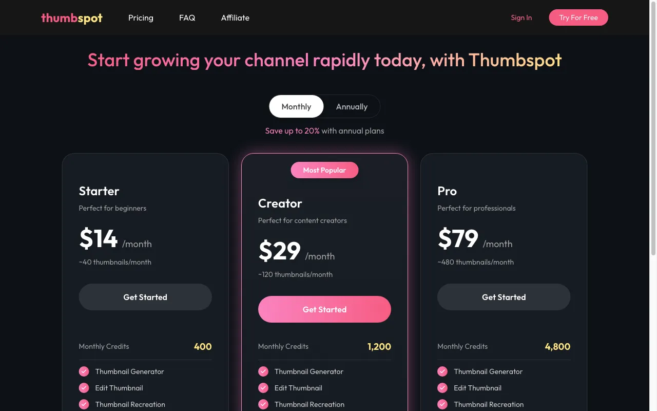 Thumbspot — pricing page