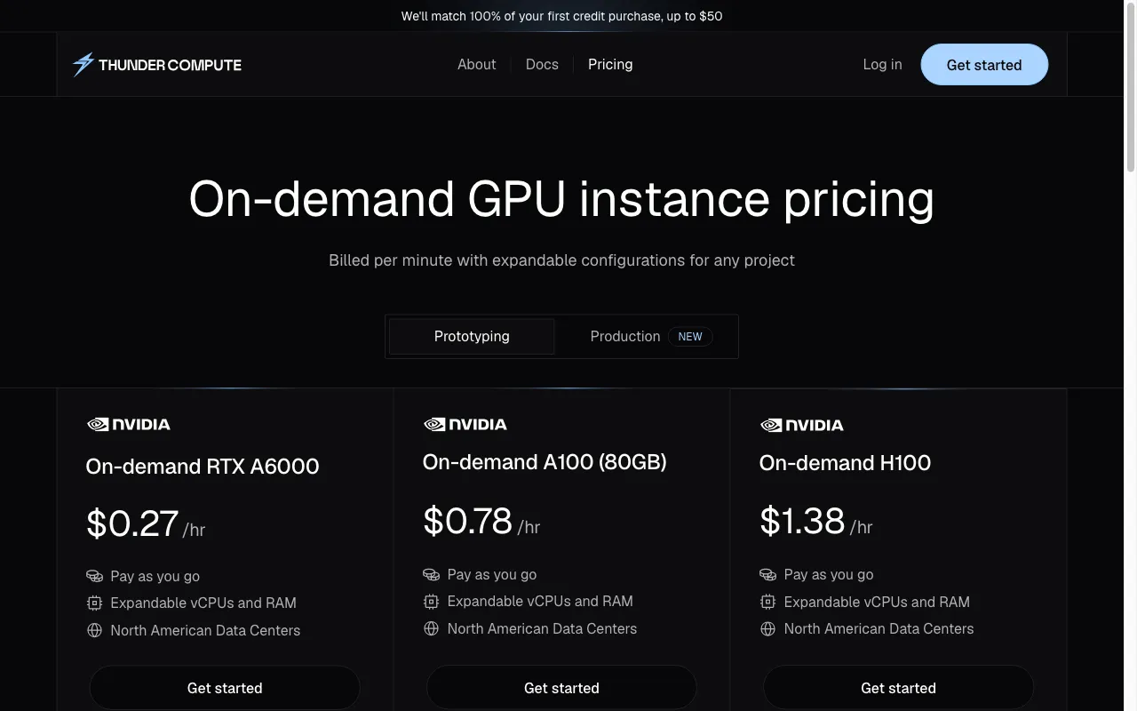 Thunder Compute — pricing page