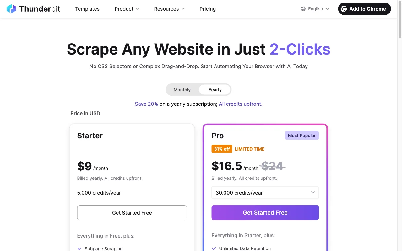 Thunderbit — pricing page