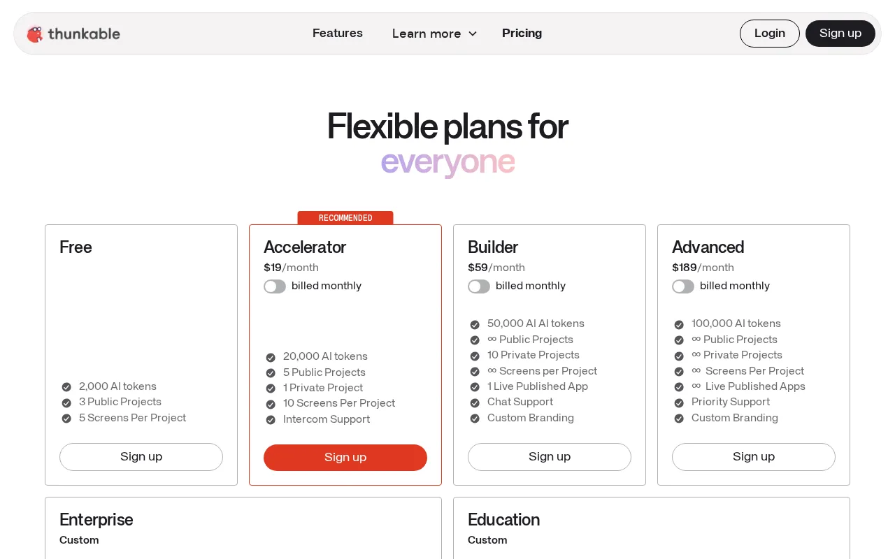 Thunkable — pricing page
