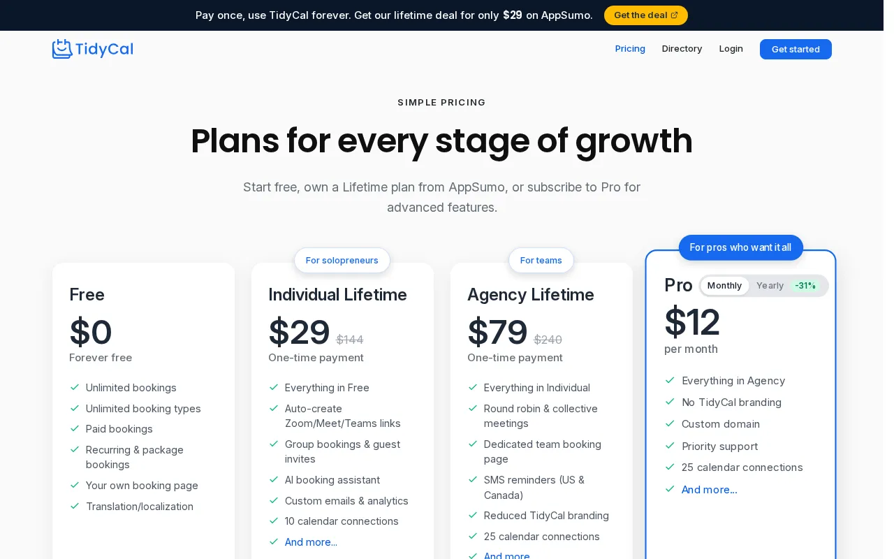 Tidycal — pricing page