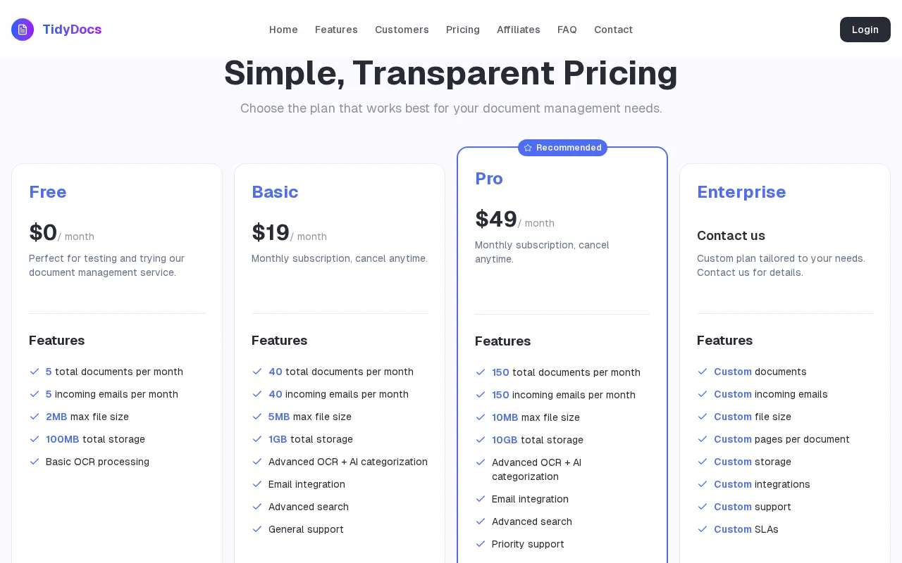 TidyDocs — pricing page