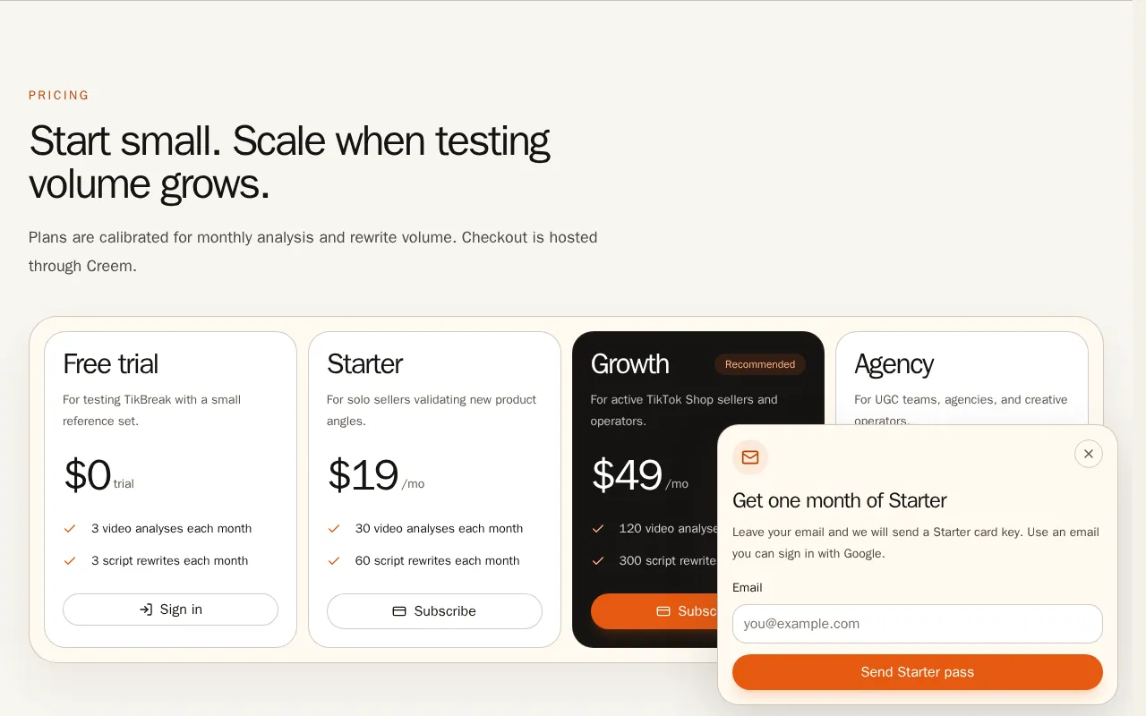 TikBreak — pricing page