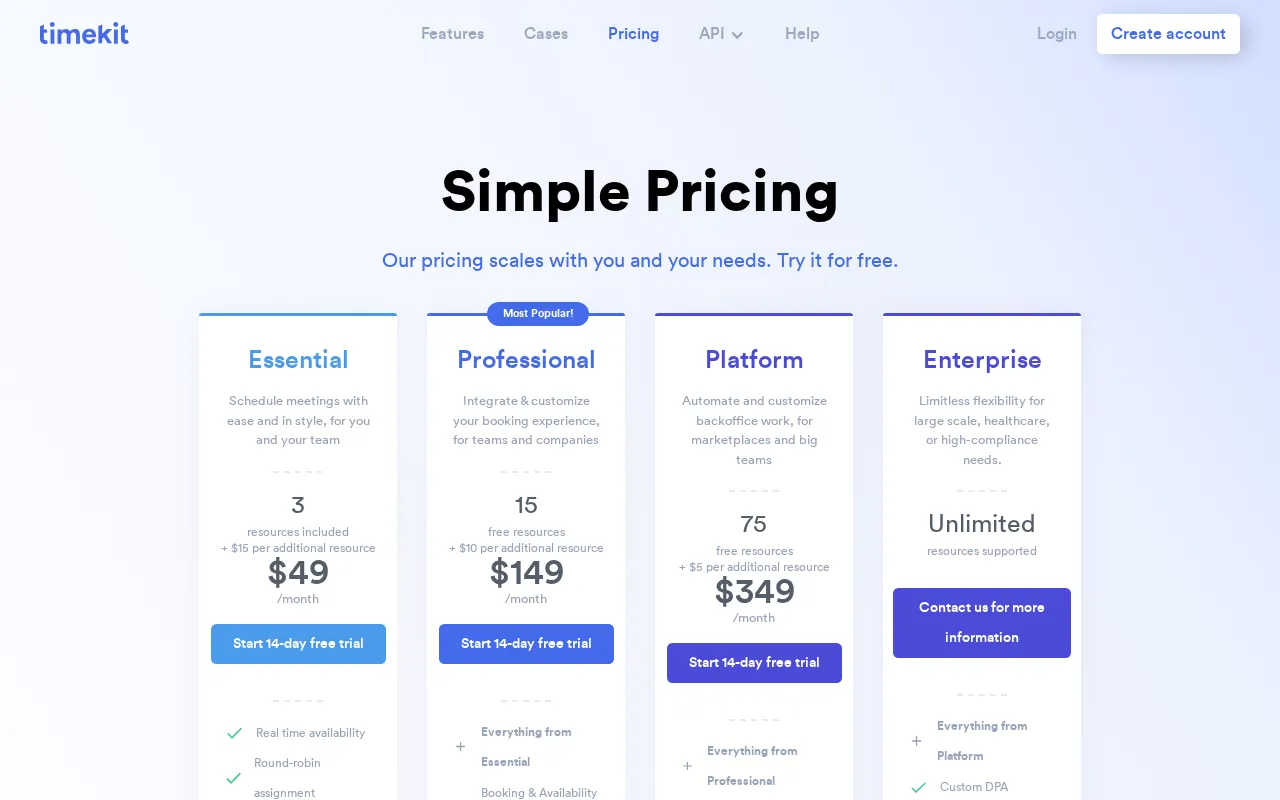 Timekit — pricing page