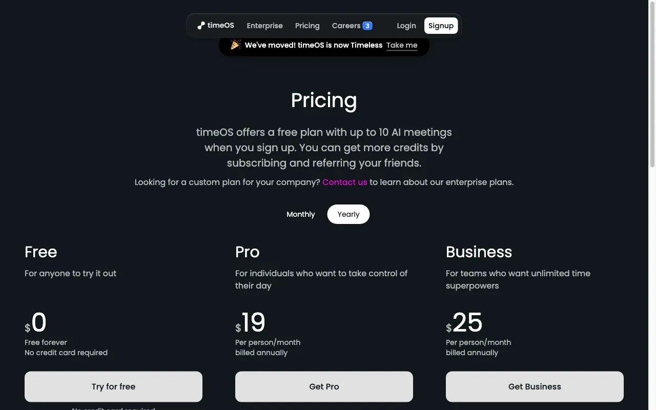 timeOS — pricing page