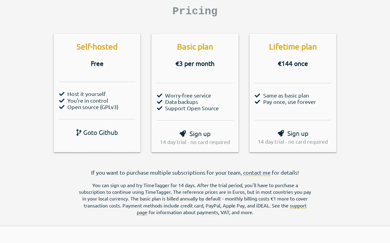 TimeTagger — pricing page