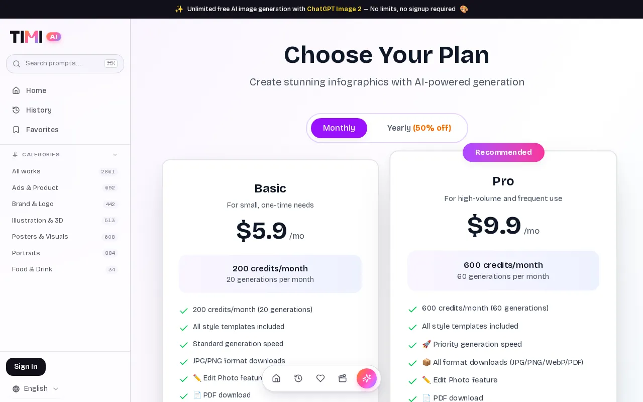 Timi AI-AI image prompt gallery — pricing page