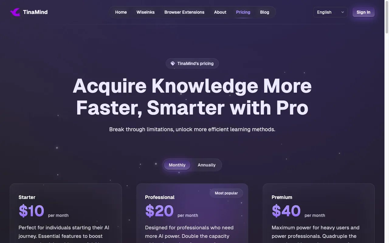 TinaMind — pricing page