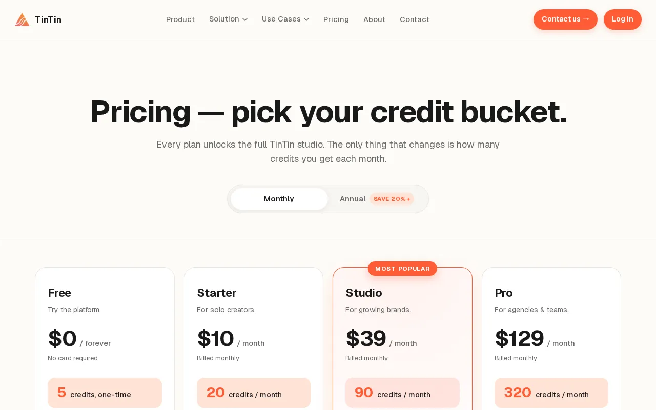 TinTin — pricing page