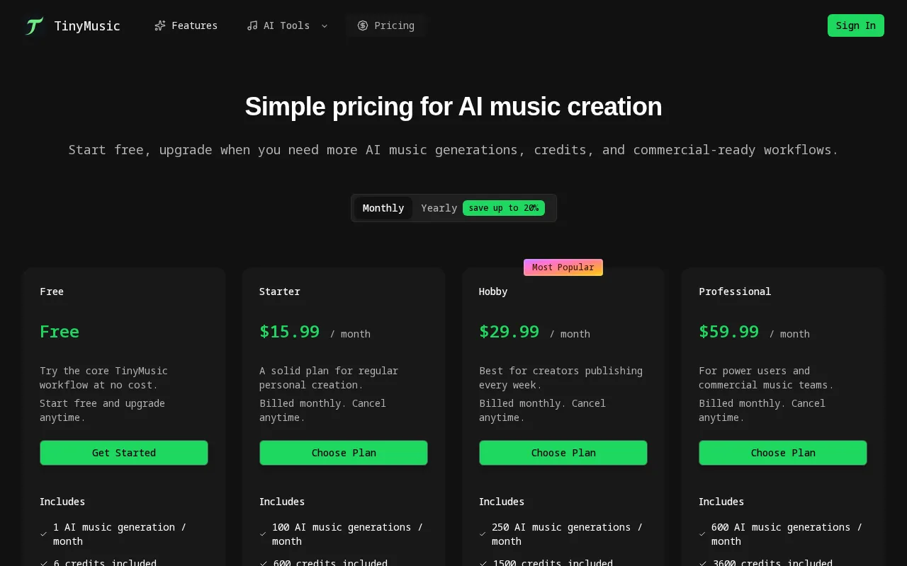 TinyMusic — pricing page
