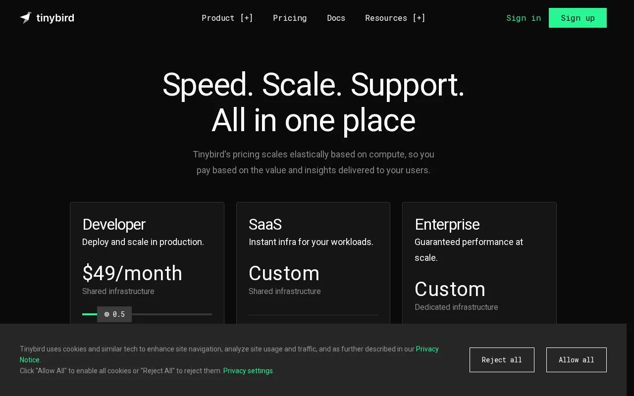 Tinybird — pricing page