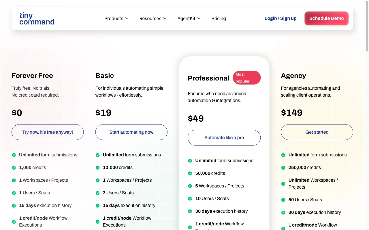 TinyCommand — pricing page