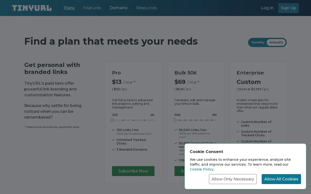 Tinyurl — pricing page