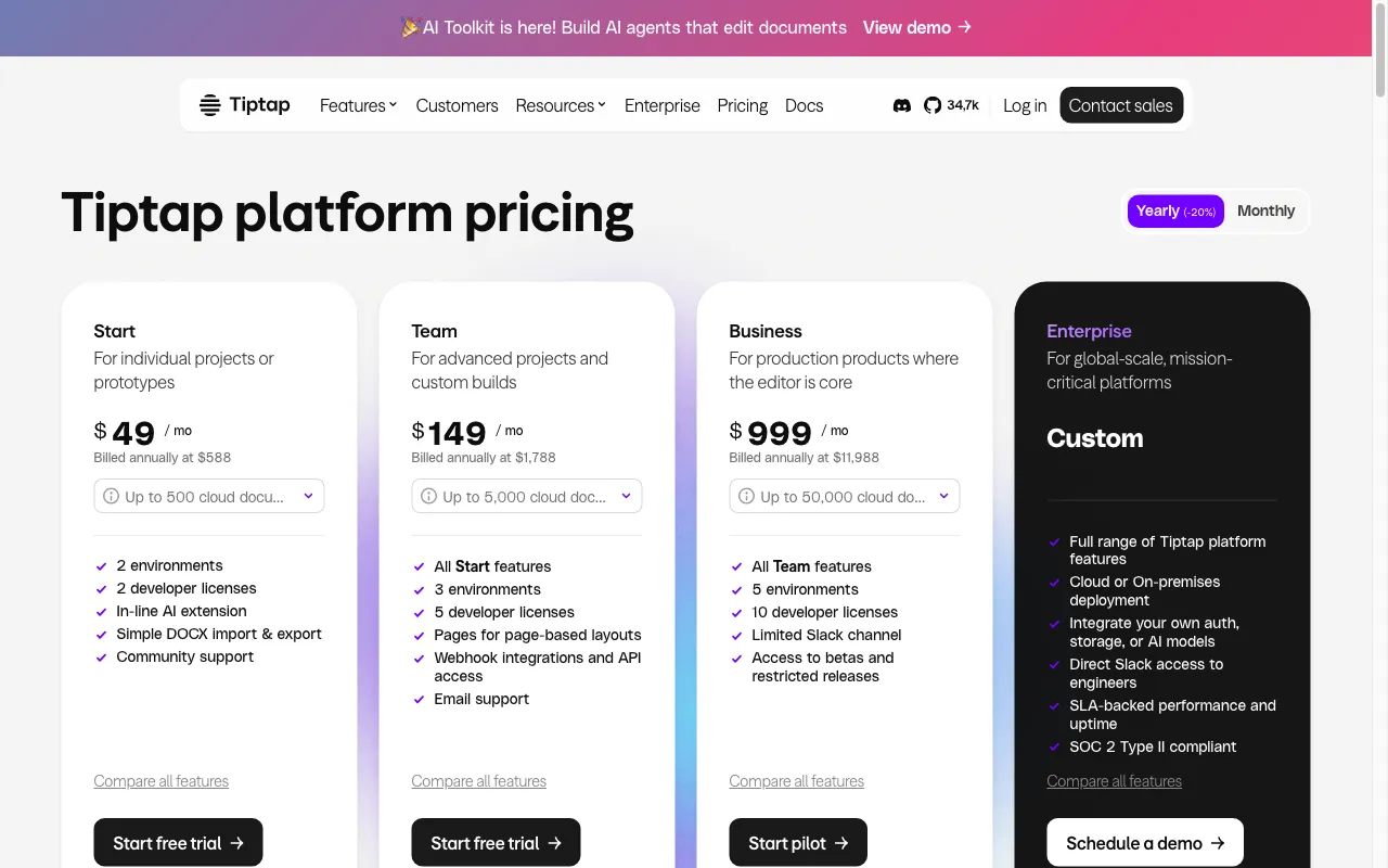 Tiptap Editor 3.0 Beta — pricing page
