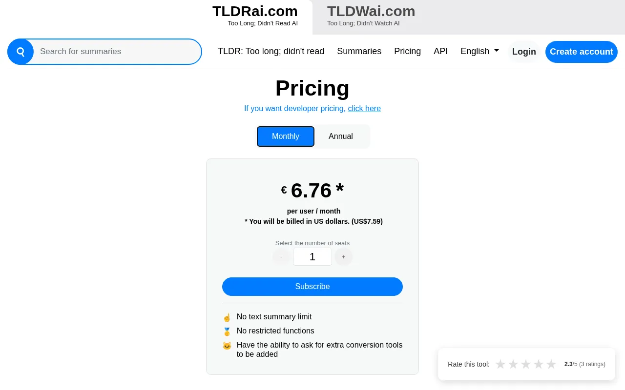 TLDRAI — pricing page