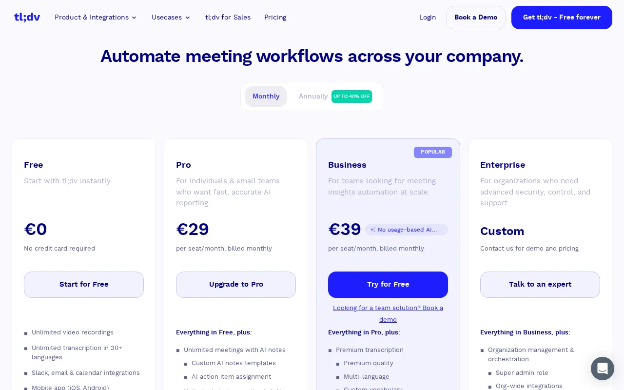 tl;dv — pricing page