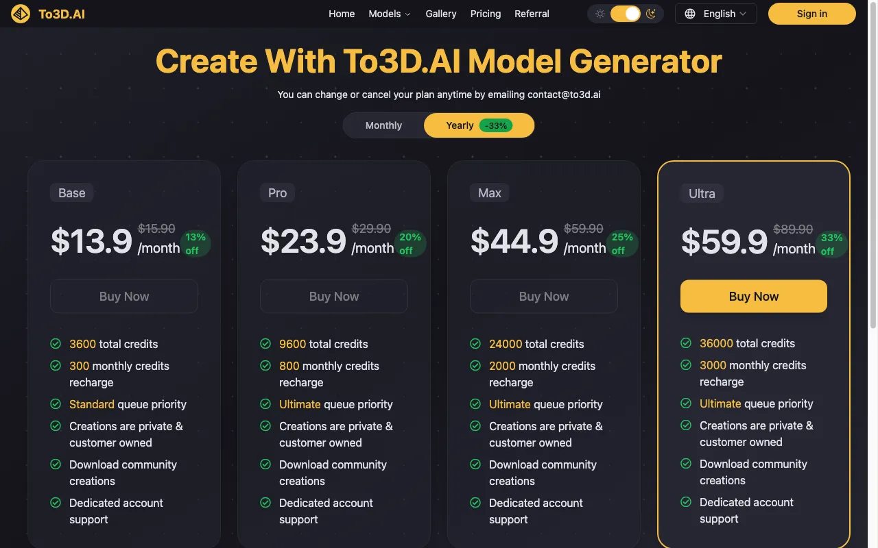To3D.AI — pricing page