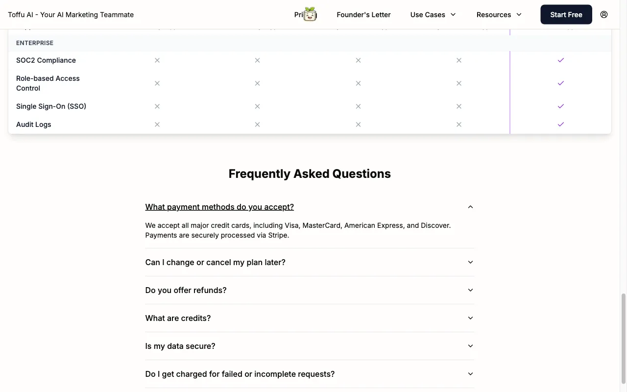 Toffu AI — pricing page